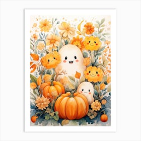 Cute Bedsheet Ghost, Botanical Halloween Watercolour 6 Art Print