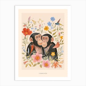 Folksy Floral Animal Drawing Chimpanzee 5 Poster Art Print