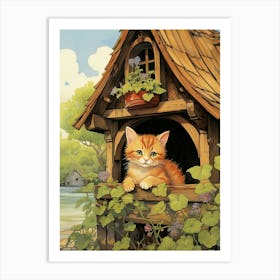 Cute Cats With A Medieval Cottage In The Background 7 Art Print