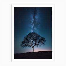 Lone Tree In The Night Sky, dawn across milky way Art Print