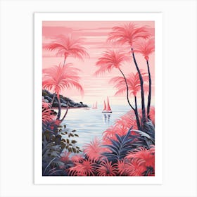 An Illustration In Pink Tones Of  Of Sailboats And Fern Vines 4 Art Print