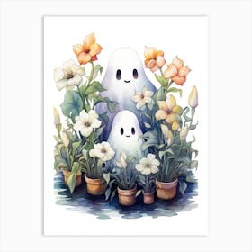 Cute Bedsheet Ghost, Botanical Halloween Watercolour 7 Art Print