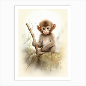 Monkey Painting Doing Calligraphy Watercolour 3 Art Print