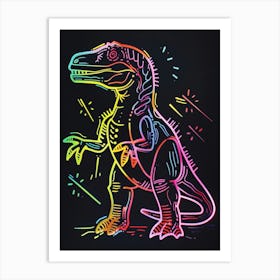 Neon Rainbow Dinosaur Line Illustration With Black Background 3 Art Print