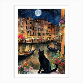 Black Cat in Venice -Iconic Canals of Venice At Night on a Full Moon Italian Cityscapes Italy Flowers Traditional Watercolor Art Print Kitty Travels Home and Room Wall Art Cool Decor Klimt and Matisse Inspired Modern Awesome Cool Unique Pagan Witchy Witches Familiar Gift For Cat Lady Animal Lovers World Travelling Genuine Works by British Watercolour Artist Lyra O'Brien  Art Print