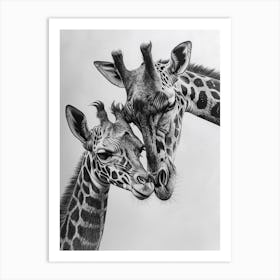 Pencil Portrait Of Giraffe Mother & Calf 3 Art Print