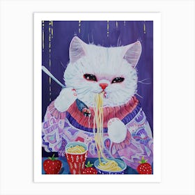 Cute White Cat Pasta Lover Folk Illustration 4 Art Print
