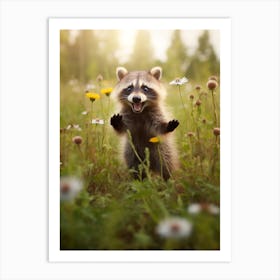 Cute Funny Common Raccoon Running On A Field Wild 3 Art Print