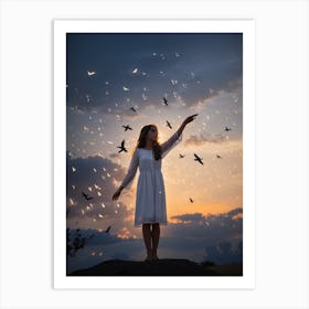 Girl With Birds In The Sky Art Print