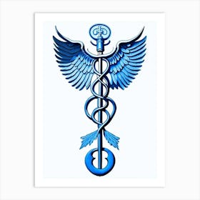 Caduceus Symbol Blue And White Line Drawing Art Print