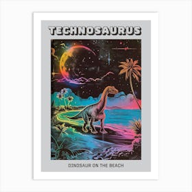 Neon Linework & Black Dinosaur On The Beach Poster Art Print