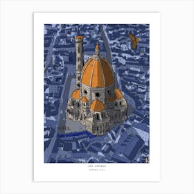 Florence Catheral San Lorenzo - Indigo Whimsical Wall Art - Retro Italian Travel Illustration Art Print