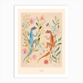 Folksy Floral Animal Drawing Gecko Poster Art Print