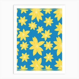 Yellow Flowers On Blue Background Art Print