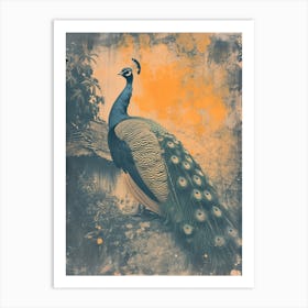 Vintage Navy Blue & Orange Peacock By A Medieval Cottage Art Print