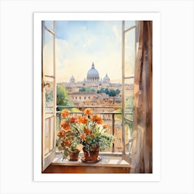 Window View Of Rome Italy In Autumn Fall, Watercolour 3 Art Print