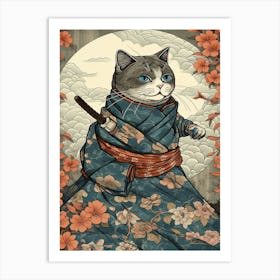 Cute Samurai Cat In The Style Of William Morris 9 Art Print