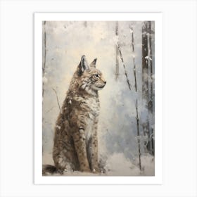 Vintage Winter Animal Painting Lynx Art Print