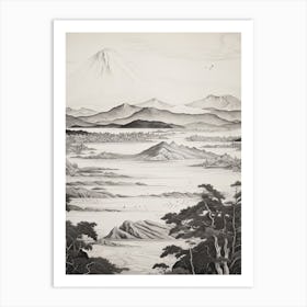 Lake Toya In Hokkaido, Ukiyo E Black And White Line Art Drawing 4 Art Print