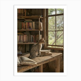 Cat In The Library Art Print