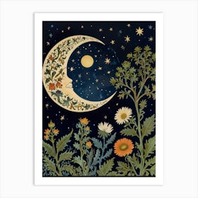 Moon And Flowers Style William Morris 2 Art Print 3 Art Print