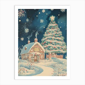 Snow Christmas Tree Gingerbread House Art Print