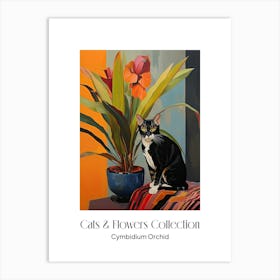 Cats & Flowers Collection Cymbidium Orchid Flower Vase And A Cat, A Painting In The Style Of Matisse 2 Art Print