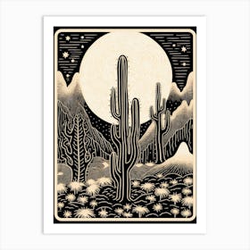 B&W Cactus Illustration Moon Cactus 3 Art Print