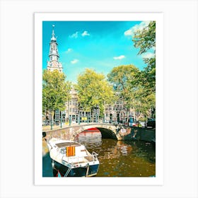 Boat And Bridge In Amsterdam, Holland Art Print