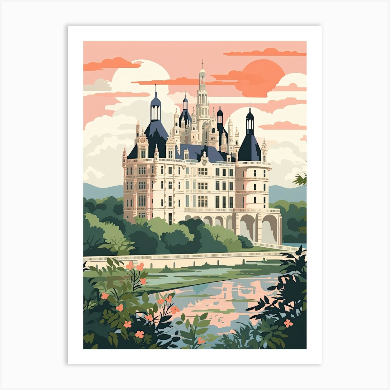 Chateau De Chambord Chambord, France Cute Botanical Illustration Travel 3  Art Print by Travel Poster Collection - Fy