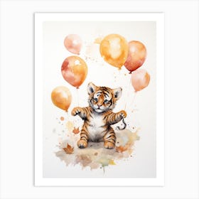 Tiger Flying With Autumn Fall Pumpkins And Balloons Watercolour Nursery 4 Art Print
