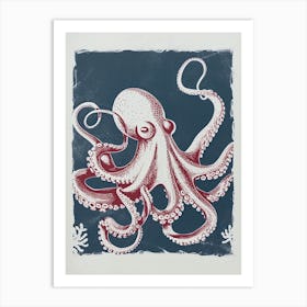 Octopus Swimming Around With Tentacles Red Navy Linocut Inspired 3 Art Print