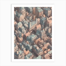 London Isometric Pastel Warm Sunset Skyline Top Down Architecture Art Print