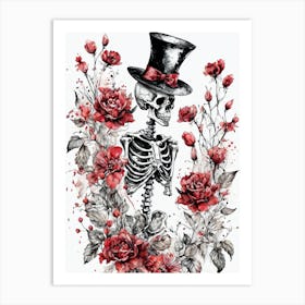 Floral Skeleton With Hat Ink Painting (87) Art Print