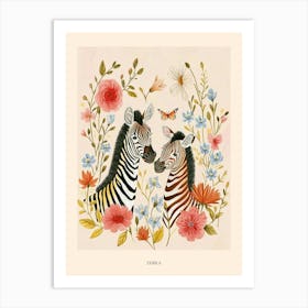 Folksy Floral Animal Drawing Zebra Poster Art Print