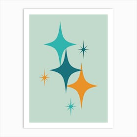 Mid Century Modern Atomic Starburst Teal, Orange, Aqua Art Print