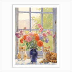 Cat With Freesia Flowers Watercolor Mothers Day Valentines 3 Art Print