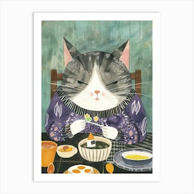 Grey And White Cat Having Breakfast Folk Illustration 2 Art Print