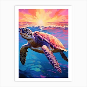 Vivid Sea Turtles In Ocean At Sunset 2 Art Print