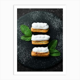 Eclairs, cake — Food kitchen poster/blackboard, photo art Art Print