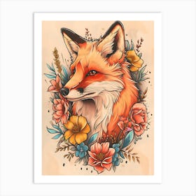 Amazing Red Fox With Flowers 24 Art Print