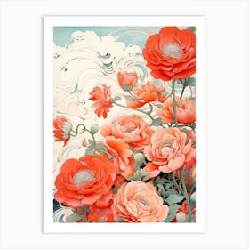 Great Wave With Ranunculus Flower Drawing In The Style Of Ukiyo E 2 Art Print