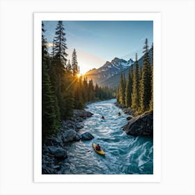 Sunrise Reflecting Off A Serene Mountain River Trekkers In The Distance Trailing Along A Forested B Art Print