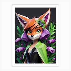 Low Poly Floral Fox Girl, Green (9) Art Print