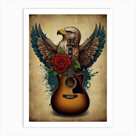 Eagle With Guitar And Rose Art Print