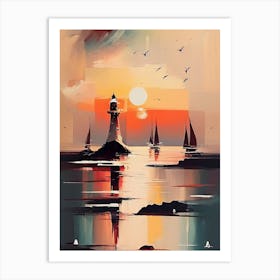 Port with Lighthouse And Sailing Boats During The Sunset - Abstract Minimal Boho Beach Art Print