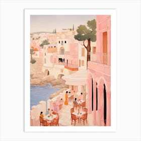 Mykonos Greece 3 Vintage Pink Travel Illustration Art Print