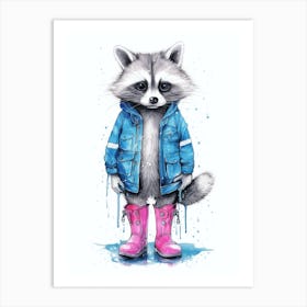 Pink Boots Raccoon In Blue Jacket  Art Print