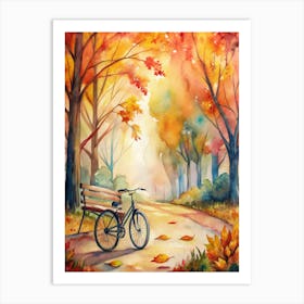 A Cozy Autumn Scene With A Bicycle Parked Near A Art Print