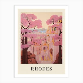 Rhodes Greece 2 Vintage Pink Travel Illustration Poster Art Print